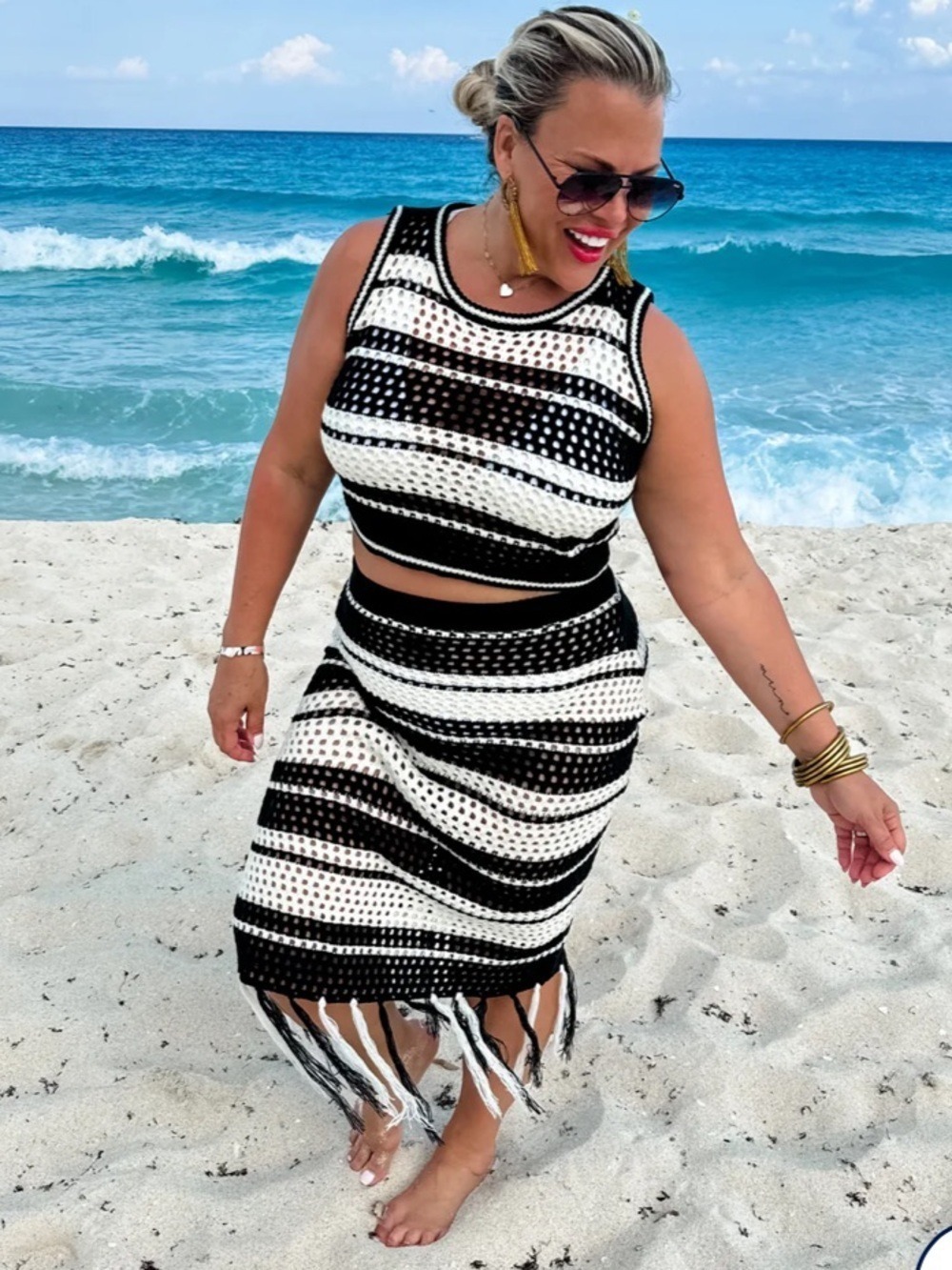 Blakeley Resort Glam Two Piece Open Knit Top Skirt Swimsuit Coverup Beach L/XL